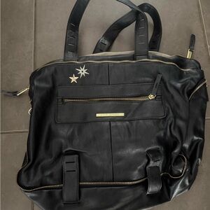 Black Leather Tote Bag with Star Accents
